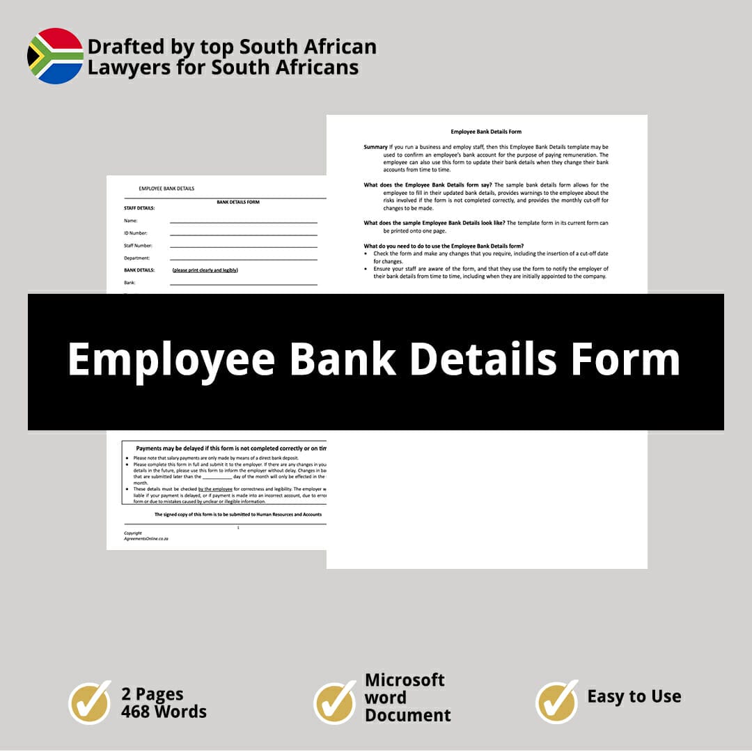 Employee Bank Details Form Template for South Africa