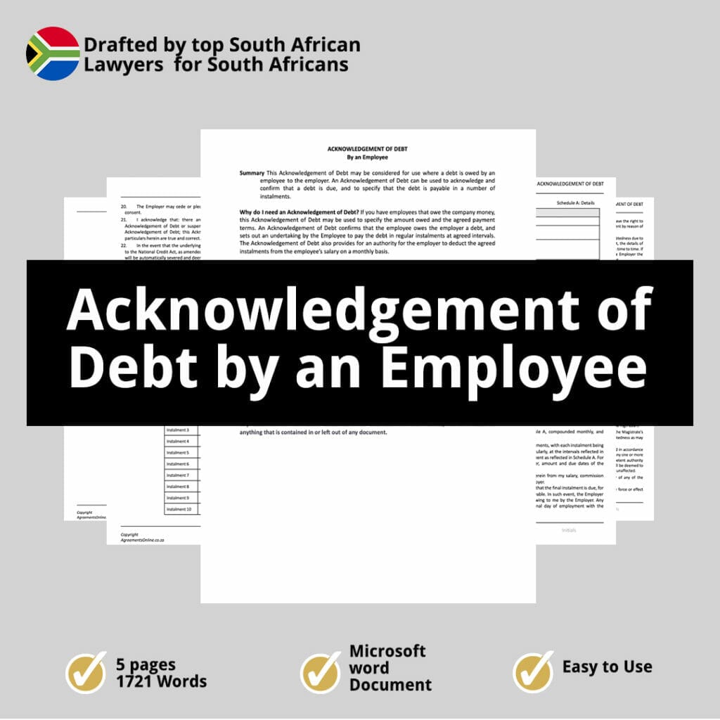 Acknowledgement of Debt Template By an Employee AOD Form South Africa